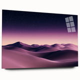 Acrylic glass artwork showcasing a serene desert landscape with rolling dunes, presented in a side view that highlights its vibrant colors and smooth finish. Ideal for modern home decor and art enthusiasts.