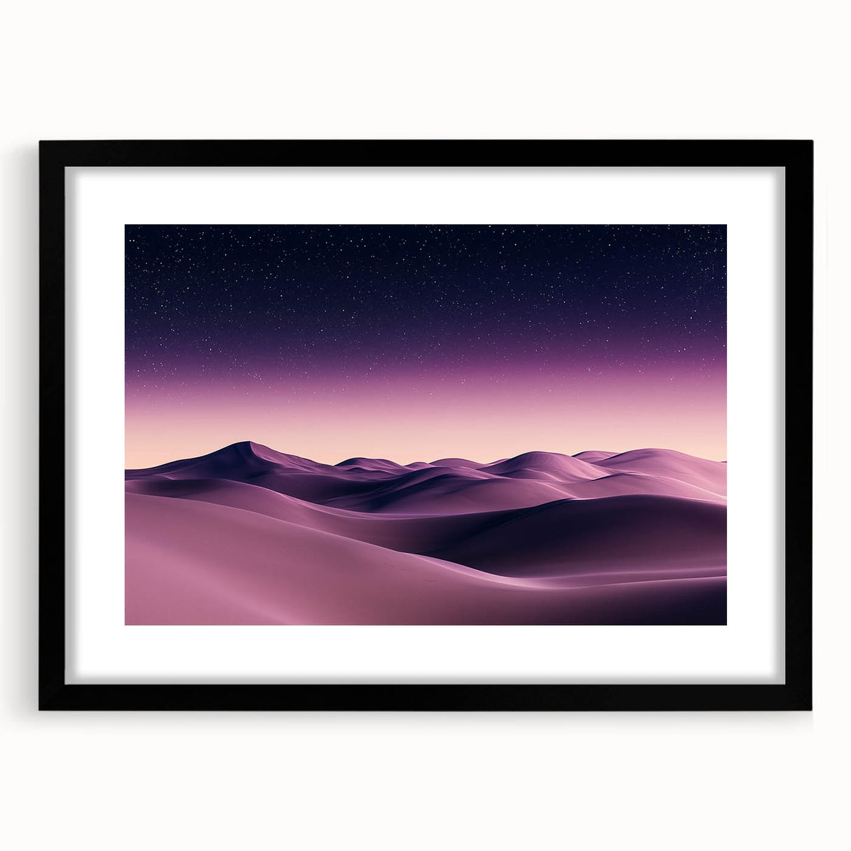 Framed landscape artwork showcasing serene sand dunes with a black mat, perfect for home decor. Detailed textures and natural colors enhance any interior space.