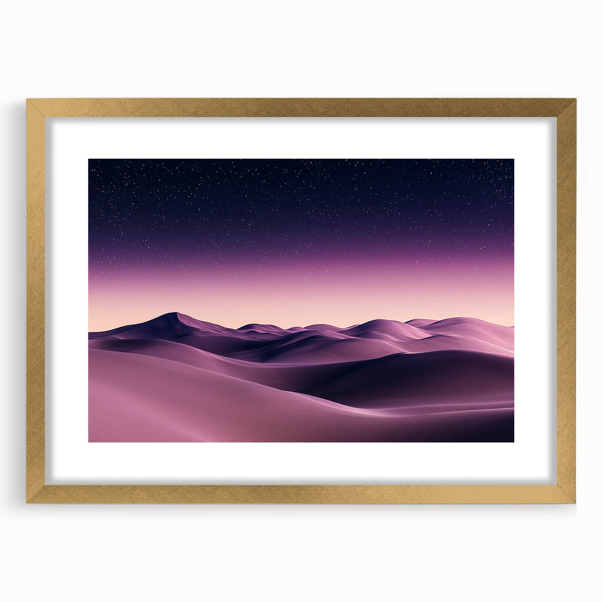 Elegant framed landscape artwork featuring golden matting, showcasing serene dune scenery in soft earth tones, ideal for home decor or office ambiance.