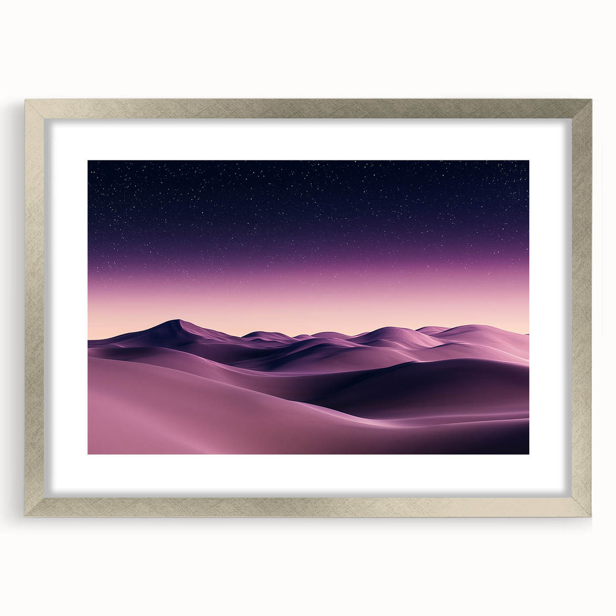 Framed landscape artwork depicting serene sand dunes, featuring a sleek silver frame and a white mat, ideal for enhancing modern home decor.