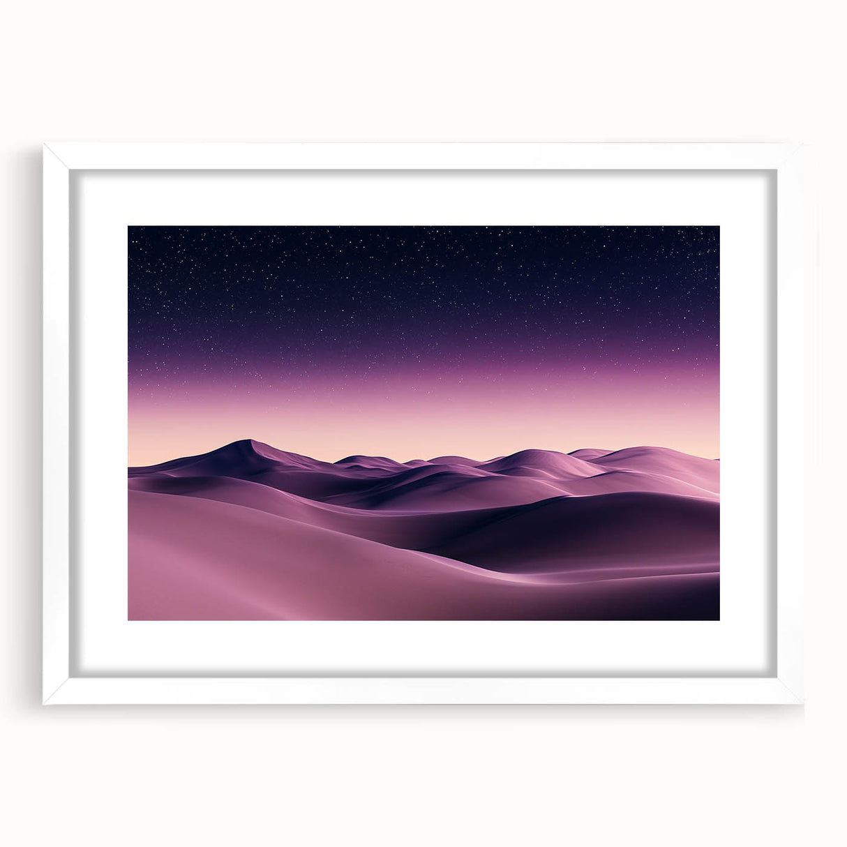 Framed landscape artwork showcasing serene sand dunes against a clear blue sky, featuring a white mat for added elegance, perfect for home or office decor.
