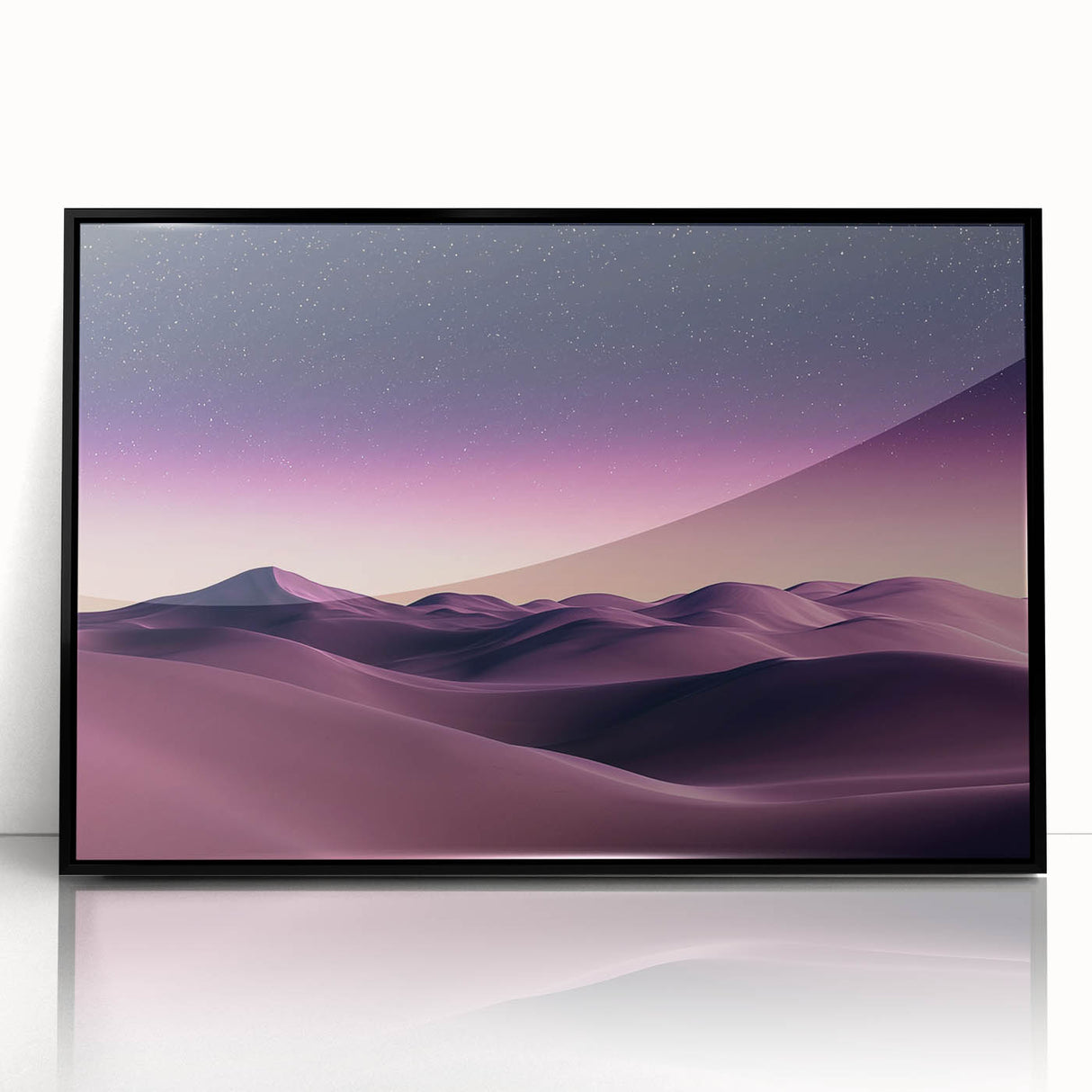 Framed acrylic artwork showcasing a stunning desert landscape with rolling dunes, featuring rich golden and sandy hues, ideal for modern home decor.
