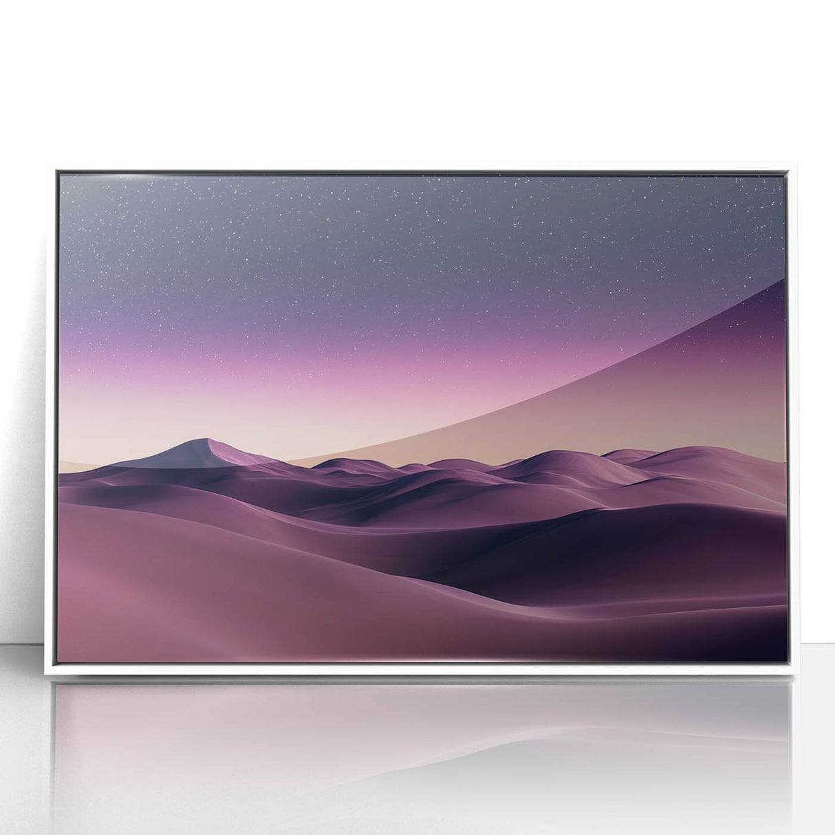 Framed acrylic artwork depicting serene sand dunes under a blue sky, showcasing vibrant colors and smooth texture, ideal for modern home decor.