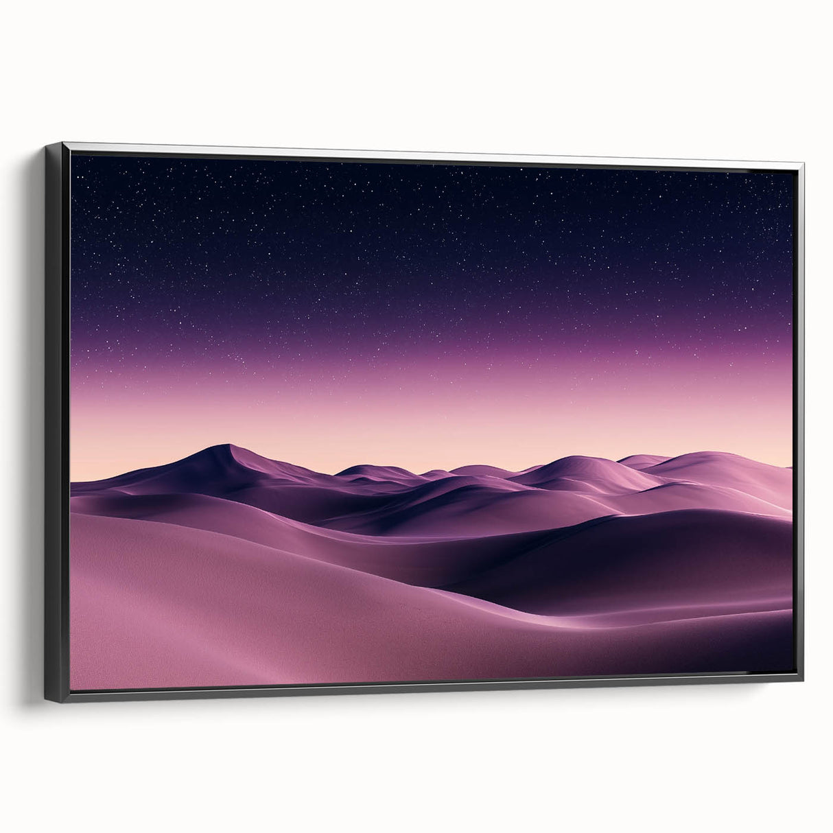Framed canvas artwork depicting serene dunes landscape in soft earth tones, presented in a sleek black frame, perfect for modern home decor.