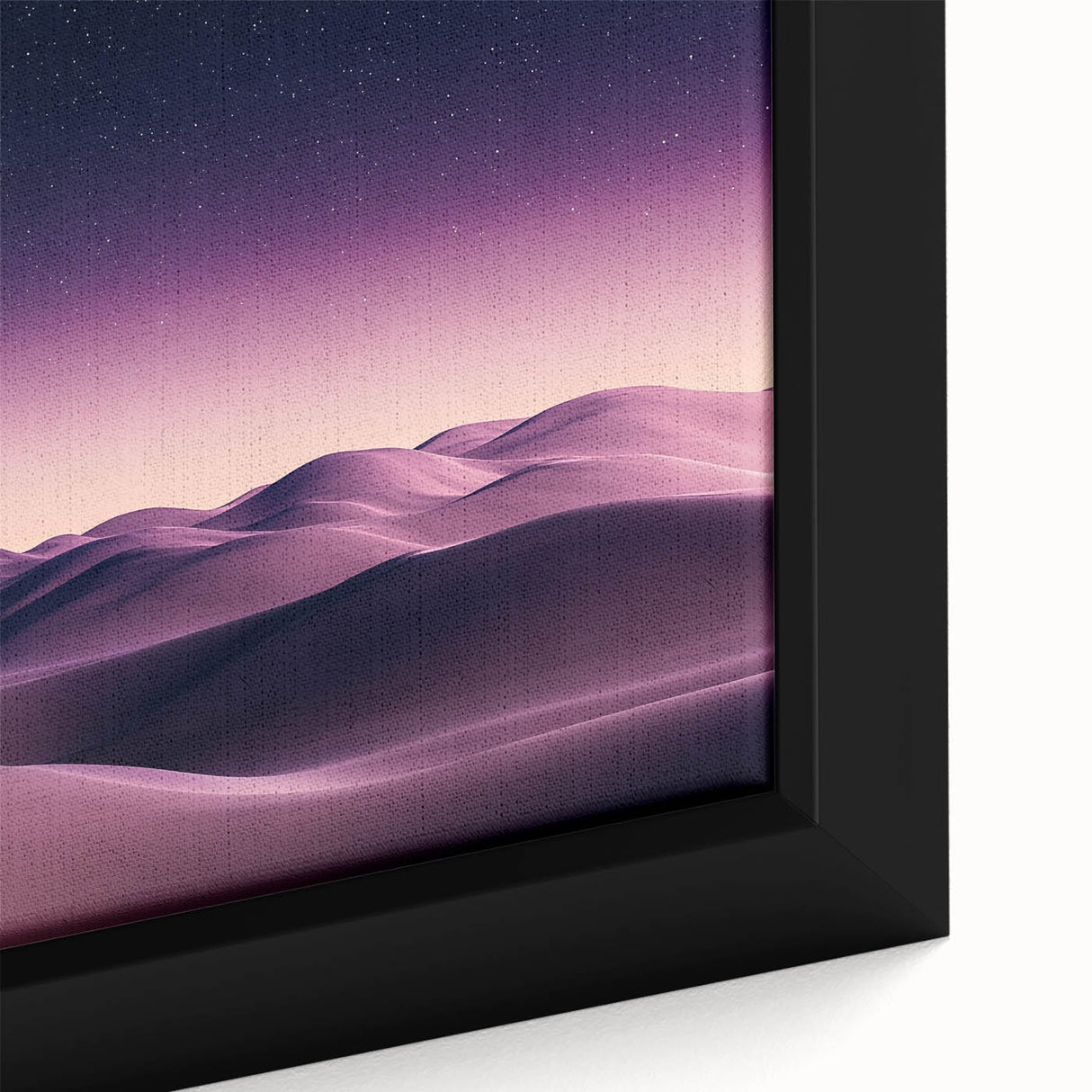 Close-up of a beautifully framed canvas artwork depicting serene sand dunes under a vibrant sunset, showcasing intricate textures and warm colors, perfect for modern home decor.