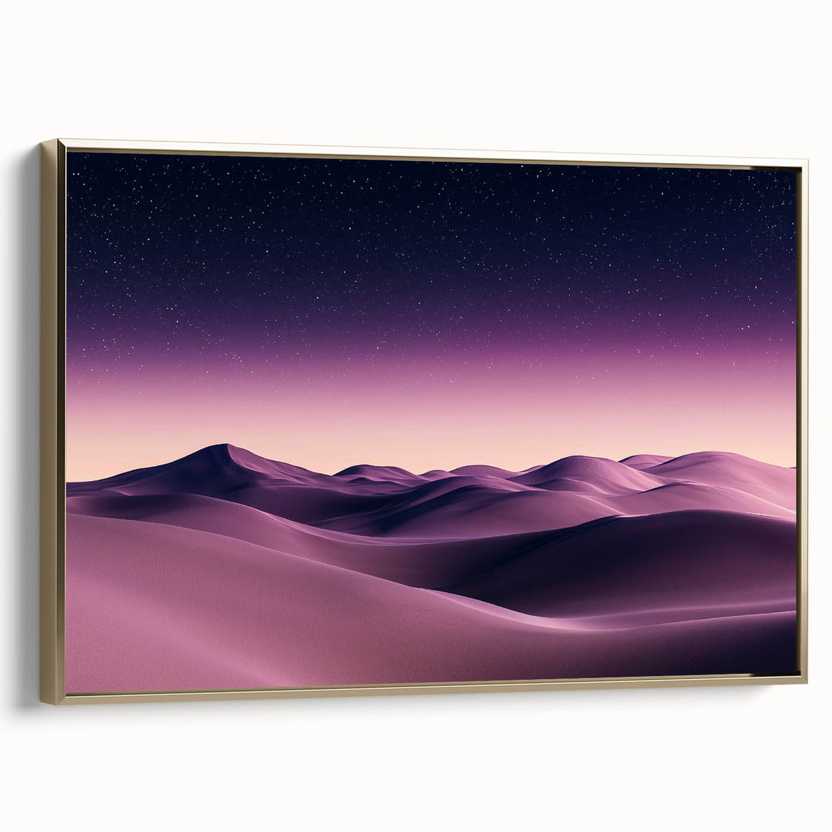 Framed canvas artwork depicting serene sand dunes in golden hues, showcasing a side view that highlights the texture and depth of the design, perfect for modern decor.