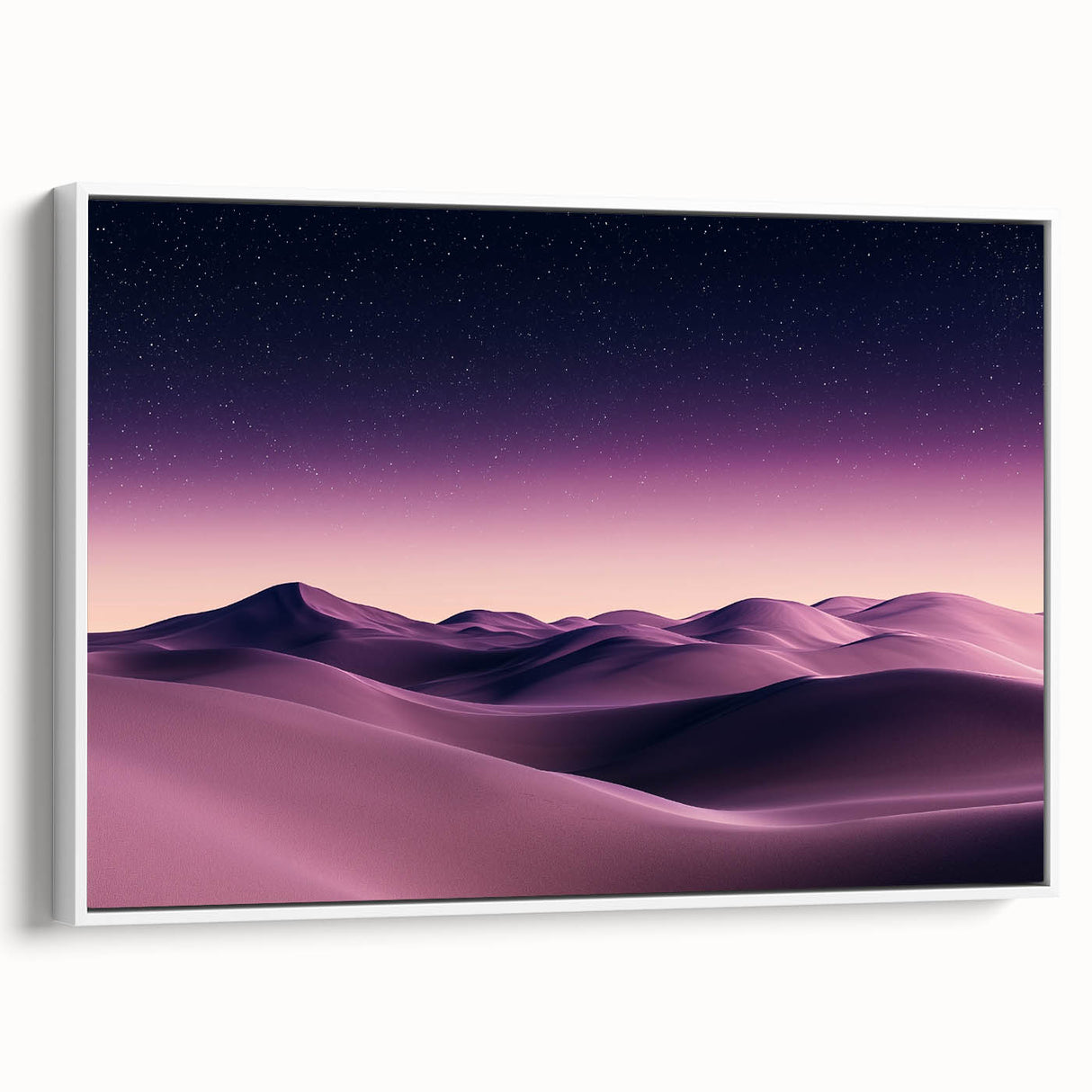 Framed canvas artwork depicting serene desert dunes in soft beige and gold tones, showcasing a modern and minimalist aesthetic, ideal for home decor.