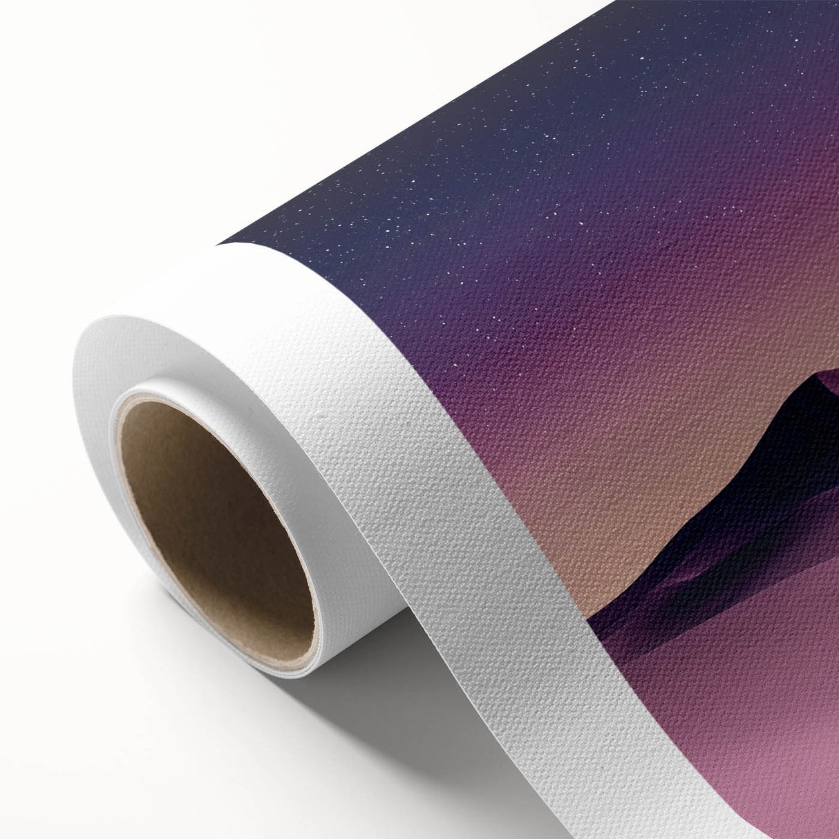 Rolled canvas showcasing a stunning desert landscape with golden dunes under a blue sky, elegantly packaged in a protective cardboard tube for easy transport and display.