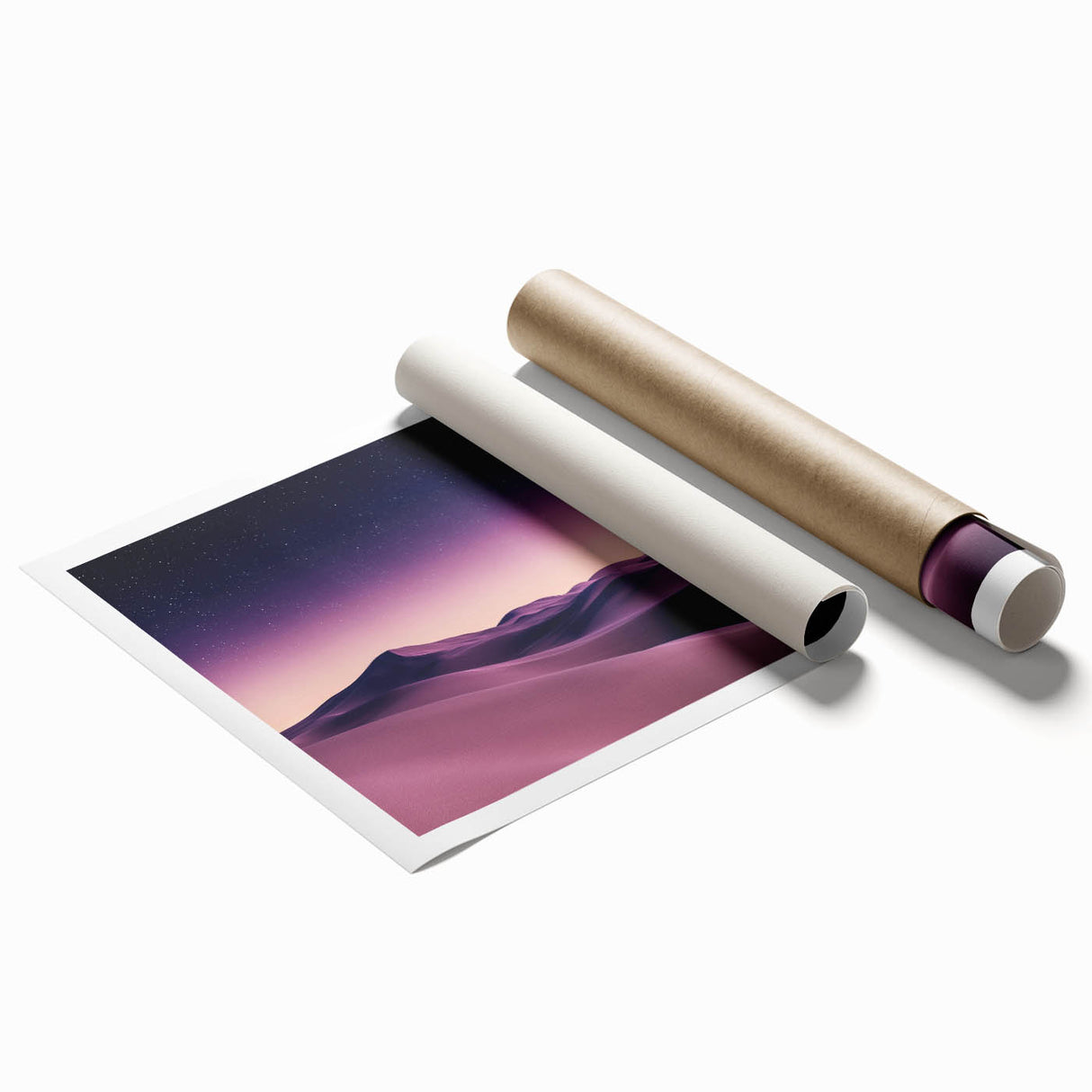 Rolling dunes landscape art print showcasing soft, undulating sand patterns in warm earthy tones, elegantly packaged in a durable tube for protection and easy display.