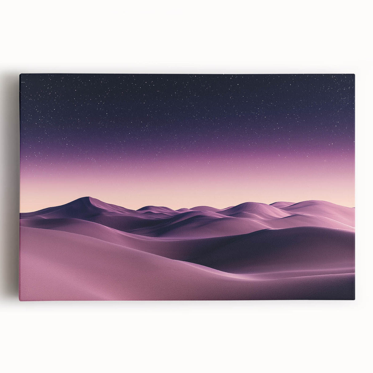 Stretched canvas artwork showcasing serene desert dunes in warm tones, ideal for home decor, evoking tranquility and natural beauty in any setting.
