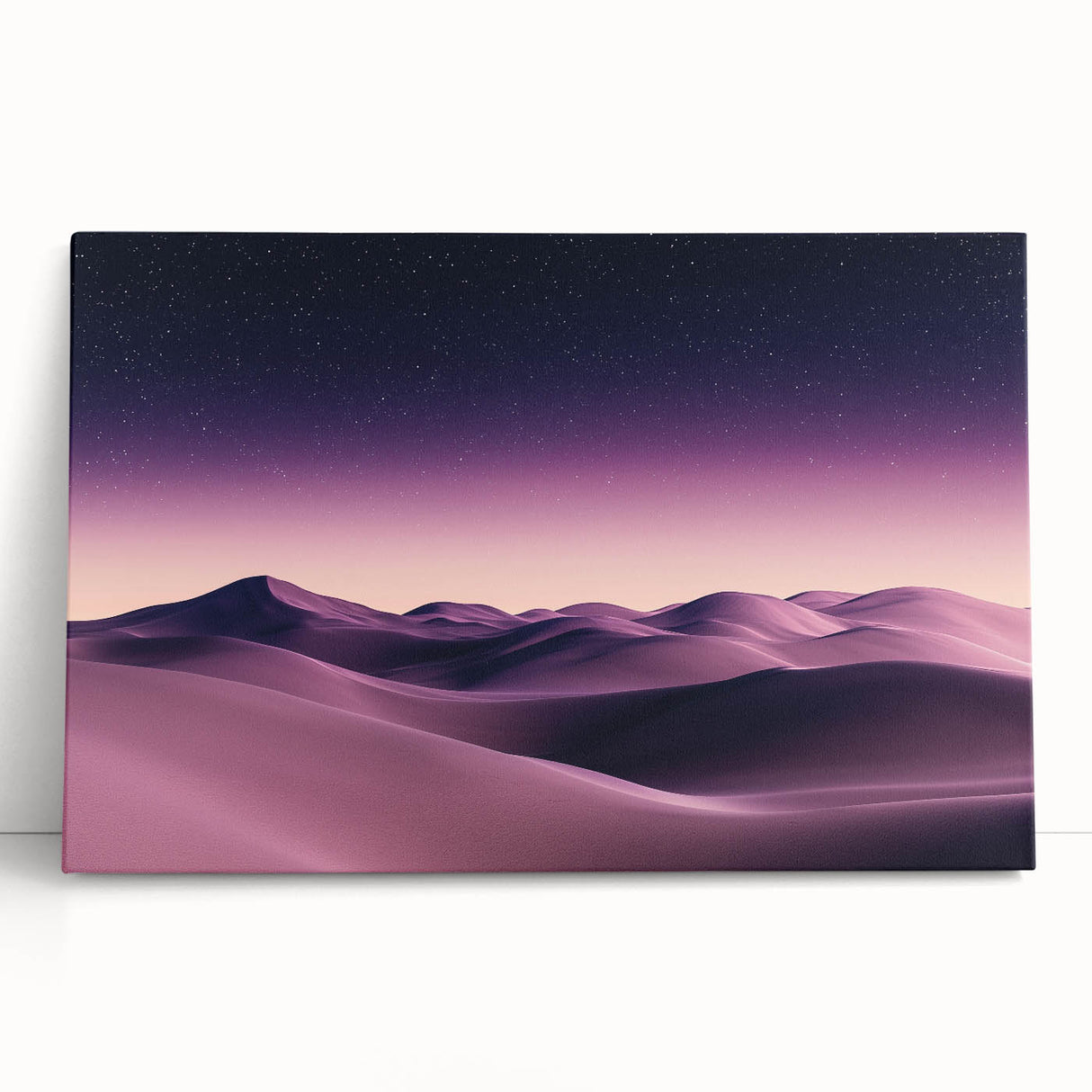 Stretched canvas print depicting serene desert dunes at sunset, showcasing warm sandy tones and soft shadows, perfect for enhancing modern home decor.