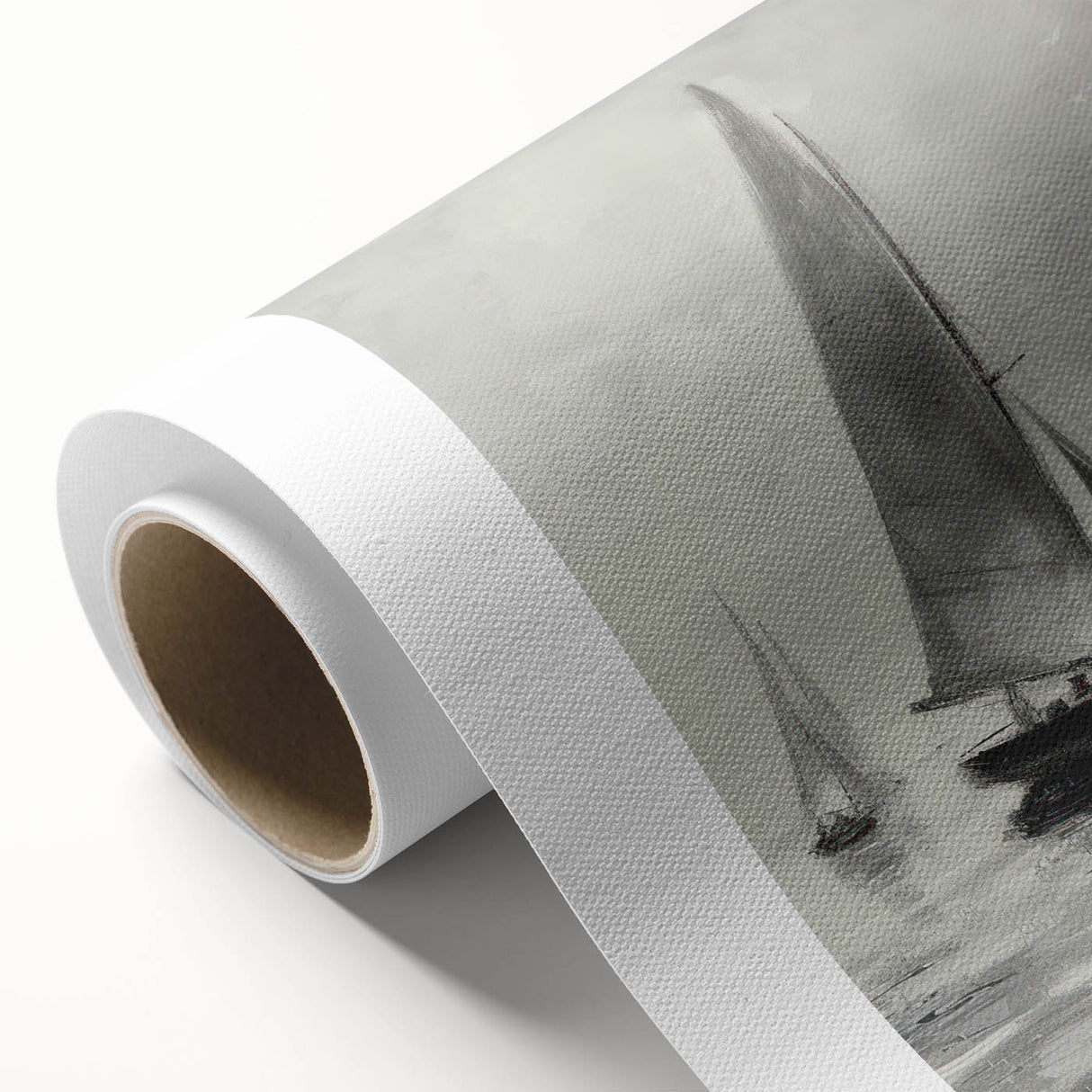 Rolled canvas showcasing a vibrant landscape design, featuring rich colors and intricate details, thoughtfully packaged in a durable cardboard tube for safe shipping.