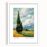 Abstract art print of a swirling starry night in blue and yellow hues, framed in white.