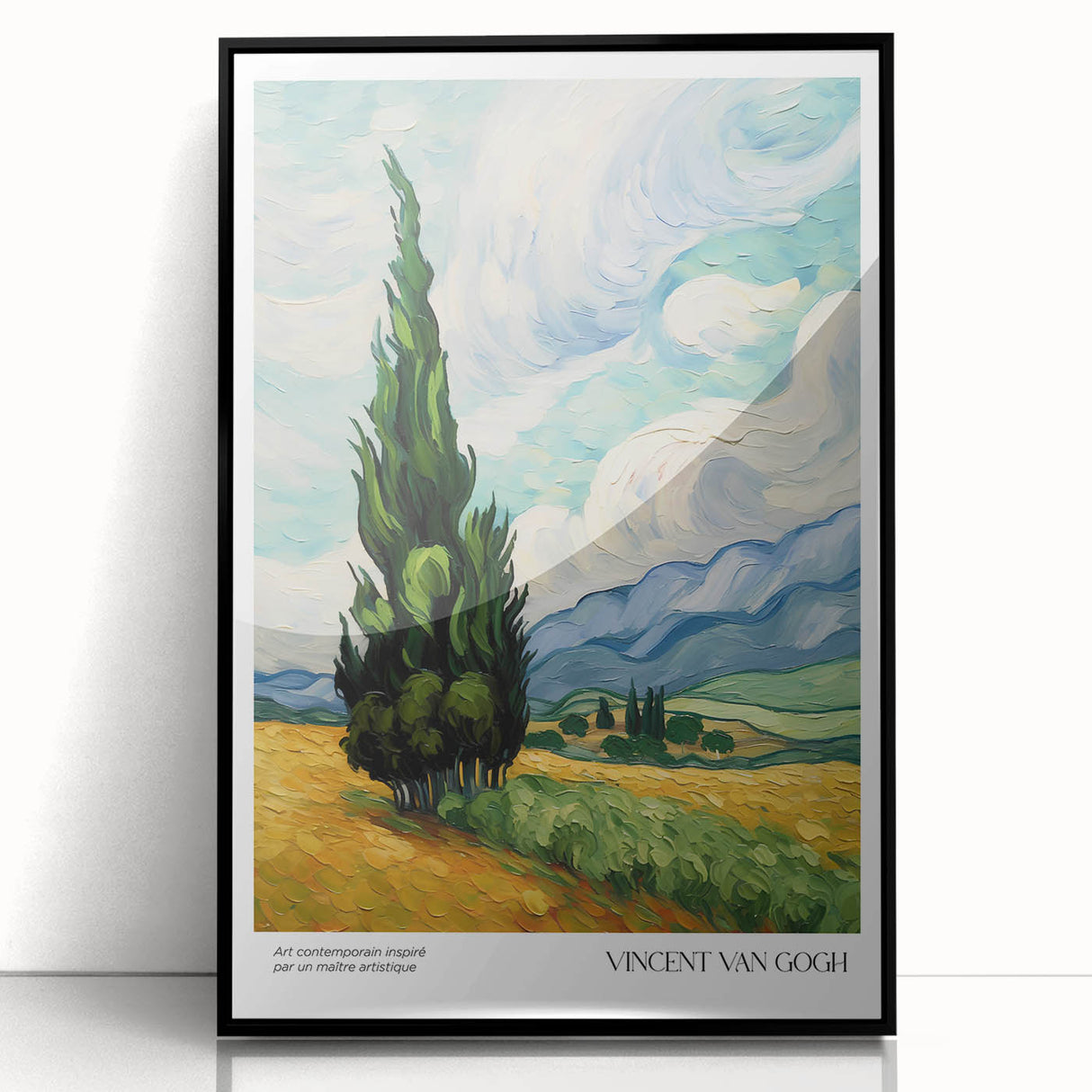 Large abstract wall art featuring swirling blue and yellow tones, framed in black acrylic.