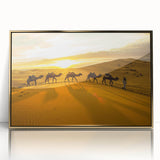Large art print of a Moroccan landscape on framed acrylic, featuring mid-century modernist style with earthy tones.