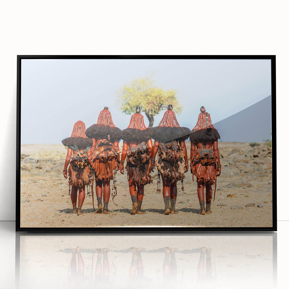 Large abstract wall art depicting a Namibian landscape in earth tones on a black framed acrylic.