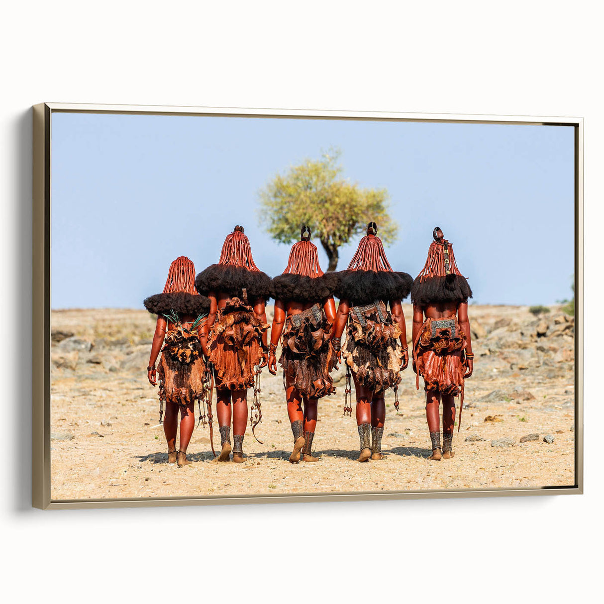 Framed canvas of a Namibian landscape featuring a golden sunset and silhouetted trees.