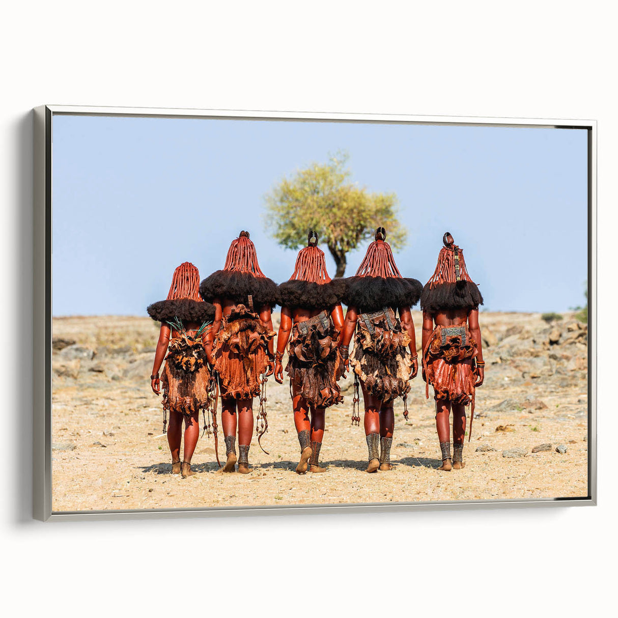 Vintage poster art of a Namibian landscape on a framed canvas, featuring a black and colorful palette.