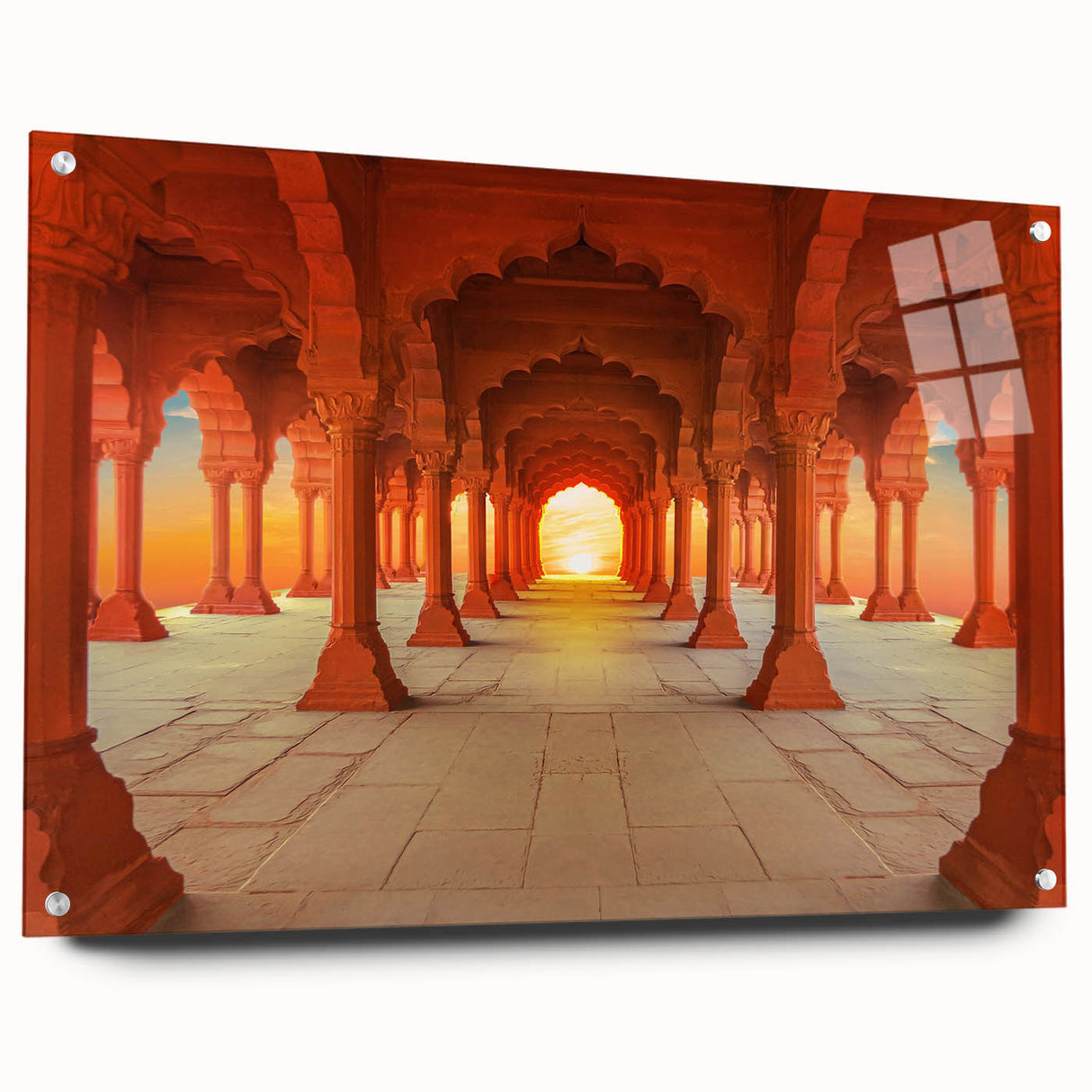 Large abstract wall art of an Indian scenery in muted earth tones on acrylic glass, ideal for dining room decor.