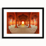 Abstract art print of a colorful, textured Indian landscape on a large canvas, framed in black, ideal for living room decor.