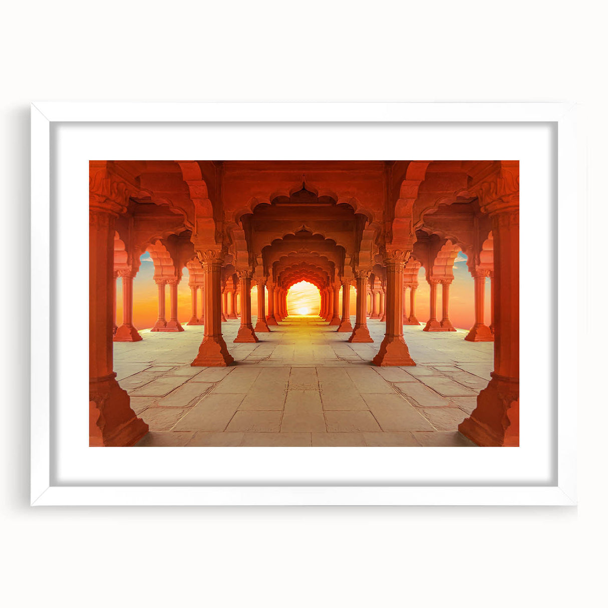Abstract art print of an Indian scenery in muted earth tones, framed with a white mat, suitable for dining room decor.