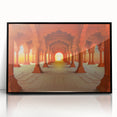 Large abstract wall art depicting a colorful Indian landscape in mid-century modernist style, framed in black acrylic.