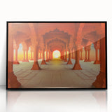 Large abstract wall art depicting a colorful Indian landscape in mid-century modernist style, framed in black acrylic.