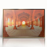 Large art print of a mid-century modernist Indian scenery in gold tones on framed acrylic.