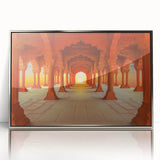 Mid-century modernist art depicting an Asian Indian landscape in silver, framed acrylic, ideal for nursery wall decor.