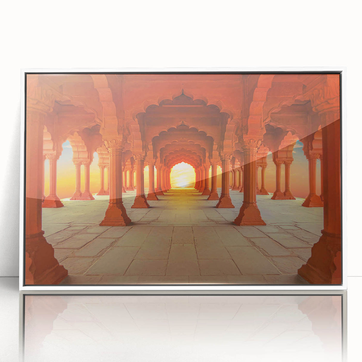 Art deco poster of an Indian scenery in muted earth tones on a white-framed acrylic print.