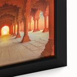Extra large framed canvas featuring a textured depiction of a colorful Indian scenery in black, ideal for living room decor.