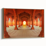 Framed canvas depicting a vintage-style Indian landscape in black and gold tones, ideal for bedroom wall art.