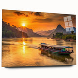 Large abstract wall art featuring a serene Laos scenery in muted earth tones on acrylic glass.