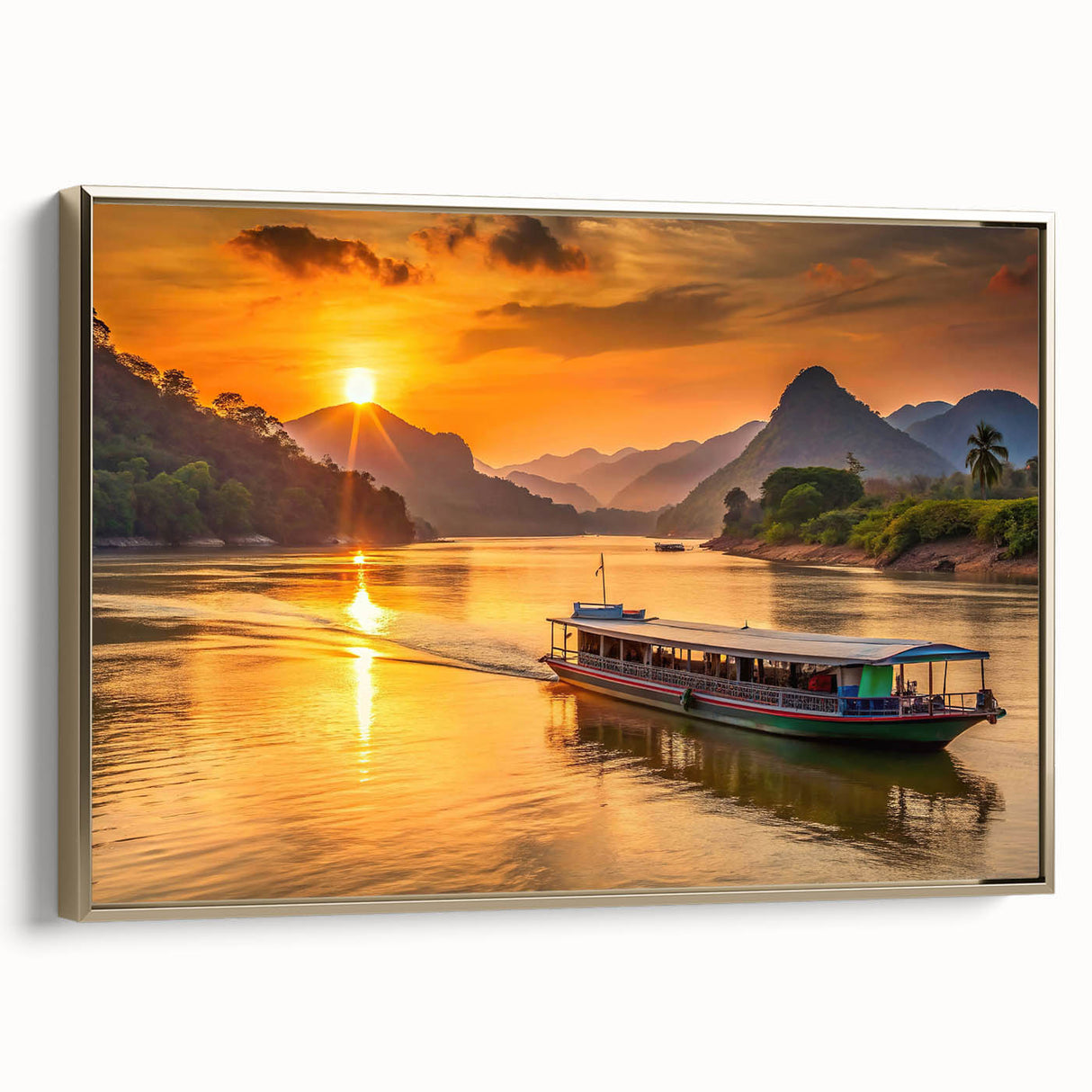 Framed canvas of a vintage-style Laos landscape painting in muted gold and black, ideal for bedroom wall decor.