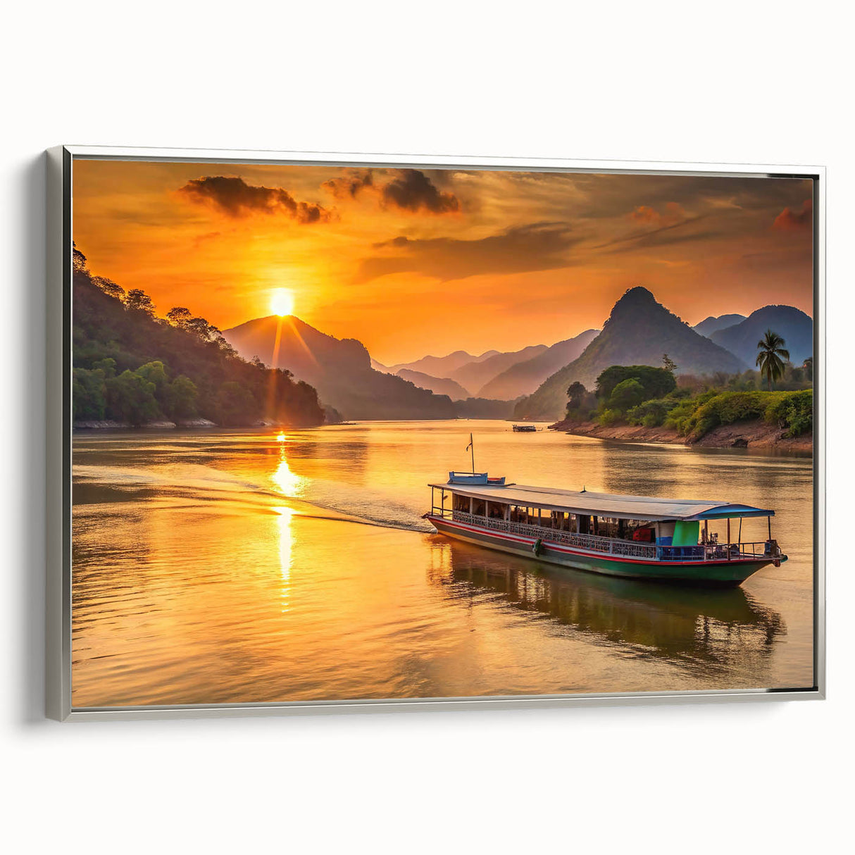 Framed canvas of a colorful Laos landscape painting with vintage poster art style.