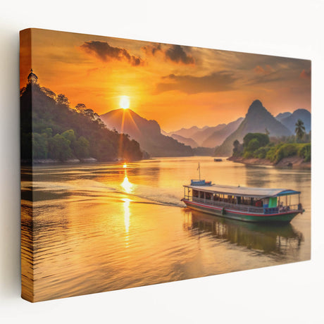 Large stretched canvas featuring a serene Laos scenery in muted earth tones, ideal for kitchen wall art.