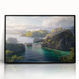 Large abstract wall art featuring a scenic Philippine landscape in muted earth tones, framed in black acrylic.