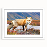 Abstract art print of Yukon scenery in muted earth tones on a framed white mat, suitable for bedroom or dining room decor.