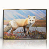 Framed acrylic print of a Yukon scenery in muted earth tones, styled in mid-century modernist art, suitable for modern decor.