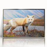 Mid-century modernist acrylic print of Yukon scenery in silver frame, using muted earth tones, ideal for nursery wall art.