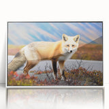 Art deco poster of Yukon scenery in muted blue and white tones on framed acrylic, suitable for modern nursery wall decor.