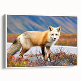 Vintage poster art of Yukon scenery in colorful tones on a large framed canvas, ideal for living room decor.