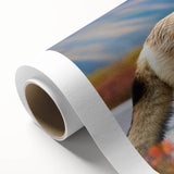 Rolled canvas featuring a serene Yukon landscape in muted green and blue tones.