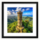 Extra large colorful abstract art print of a textured Caribbean scene in a black frame, ideal for living room decor.