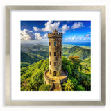 Extra large abstract art print of a textured Caribbean scenery in muted blue and green hues, framed in silver.