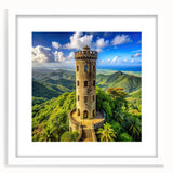 Textured abstract art print of a Caribbean scenery in muted blue and green tones on a framed white mat.