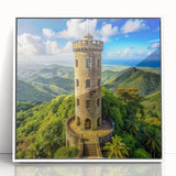 Mid-century modernist art depicting a serene Puerto Rican scenery in pastel shades on a framed acrylic.