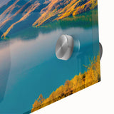 Large abstract wall art featuring a mid-century modernist Albanian landscape in muted earth tones on acrylic glass.