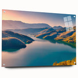 Acrylic print of an abstract European landscape in cool blue and green hues, suitable for bedroom or dining room decor.