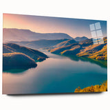 Large abstract wall art depicting a serene Albanian landscape in muted earth tones on acrylic glass.